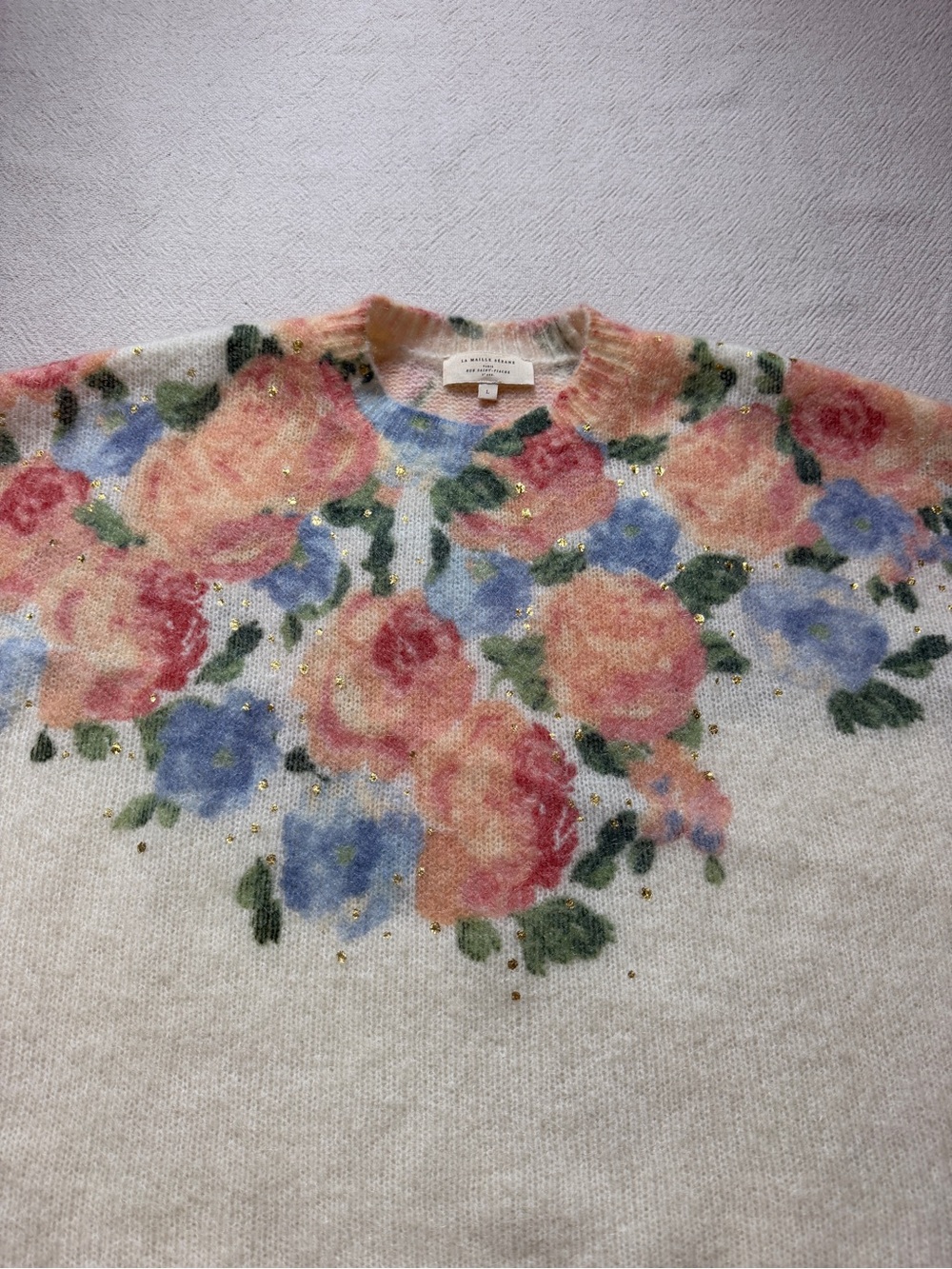 Sézane Malory Mohair Wool Pastel Roses Gold Flecked Sweater L Whimsy Boho Fall - Picture 4 of 9